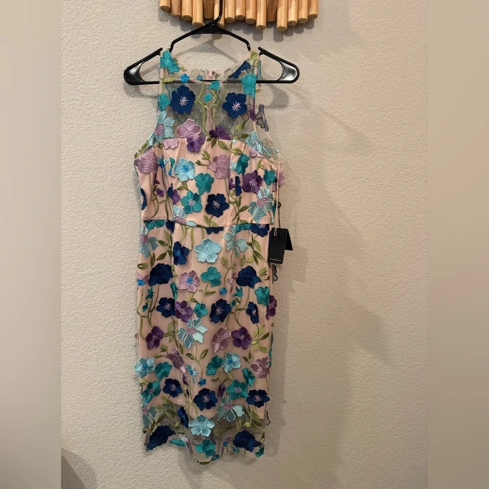 Adrianna Papell Nude Dress with Blue & Purple Floral Embroidery - Picture 2 of 5